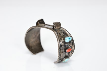 Navajo Sterling Silver Turquoise And Coral Watch Cuff Signed O.J