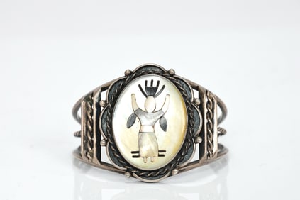 Native American Zuni Inlay Shell Sterling Silver Cuff Bangle Signed E.A