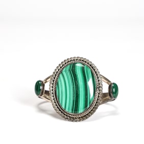 Navajo Three Stone Malachite Sterling Silver Cuff Bangle