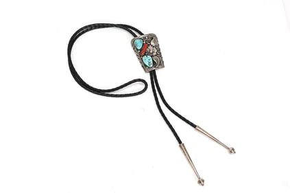 Navajo Turquoise Coral Sterling Silver Bolo Tie