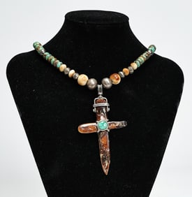 Hand Made Bone Turquoise Cross Beads Sterling Silver Necklace