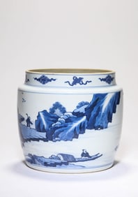 Blue and White Landscape and Character Pattern Porcelain Pot