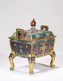 Bronze Cloisonne Carved Cloud and Dragon Pattern Double Ears Incense Burner