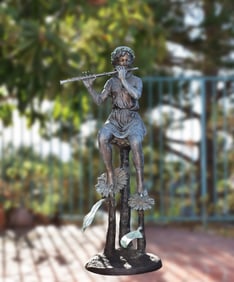 Jumbo Girl Playing Flute Seated On Sunflower Bronze Sculpture