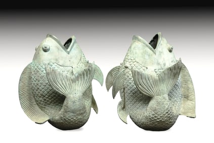 Pair Of Large Koi Fish Bronze Sculpture