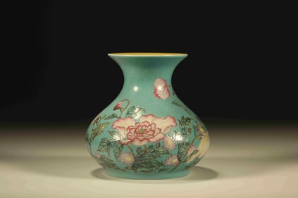 Turquoise Green Glazed Flower Pattern Porcelain Zun