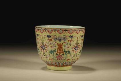 Famille Rose Flower and Shou Pattern Porcelain Cup