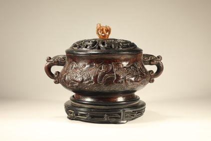 Agarwood Carved Lion Pattern Double Ears Incense Burner