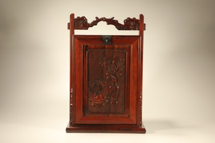 Huanghuali Wood Carved Reishi Mushroom and Flower Pattern Food Tray Box