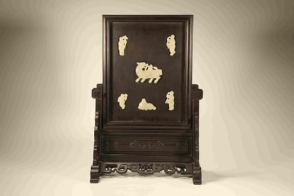 Red Sandalwood Inlaid Jade Carved Character and Kirin Pattern Table Plaque