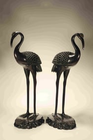Pair of Red Sandalwood Carved Crane Shape Incense Burner