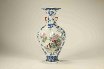 Blue and White Famille Rose Flower and Bird Pattern Porcelain Vase