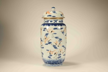 Blue and White Cloud and Crane Pattern Porcelain Lid Pot