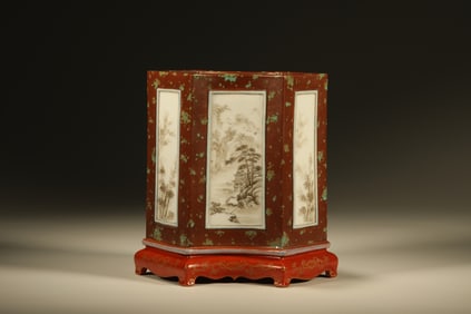 Ink Colored Landscape and Character Pattern Porcelain Brush Pot