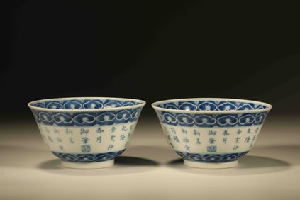 Pair of Blue and White Flower and Poetry Pattern Porcelain Bowl