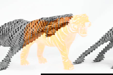 Leather Wrapped Tiger Figure Sculpture: Leather Wrapped Tiger Figure Sculpture (49 x 24 x13 cm)