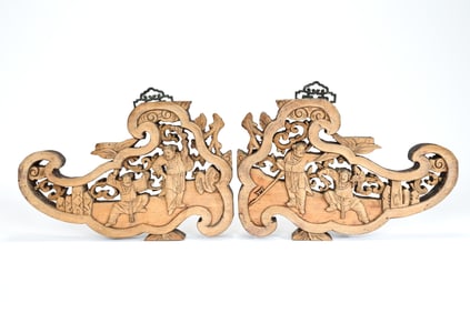 Pair Of Wood Chinese Carved Character Plaques