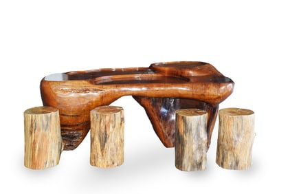 Root Carving Solid Wood Tea Table With Drain And Stools