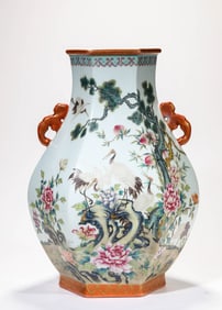 Famille Rose Pine Tree and Crane Pattern Porcelain Double Ears Vase
