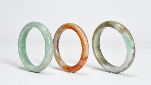 Three Chinese Jadeite Bangle And Agate Bangle