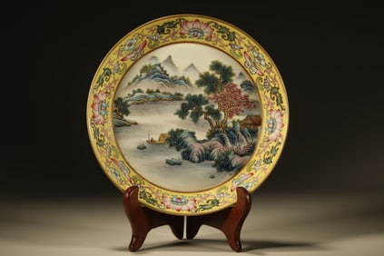 Famille Rose Landscape and Character Pattern Porcelain Plate