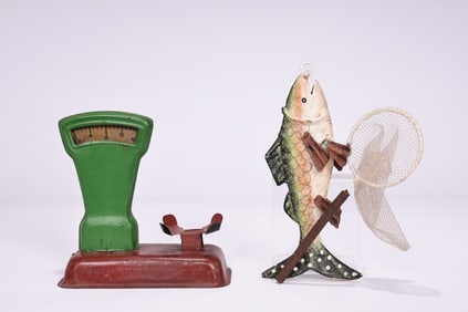 Vintage Toy Tin Scale And Fish Catching Ornament