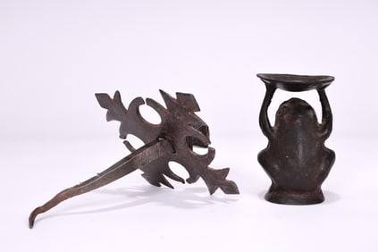 French Iron Nail Spike With Plaque And Iron Frog Candle Holder