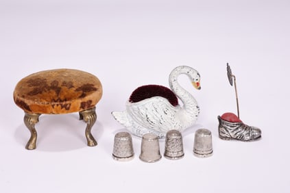 Vintage Pincushion Including Swan,Footstool, Boot And Sterling Silver Thimbles