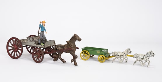 Vintage Toy Cast Iron Horses Drawn Log And Wagon