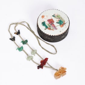 Multi-Color Gemstone Necklace With Painted Silver Trinket Box