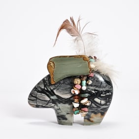 Native American Stone Bear Figurine Feather Gemstones