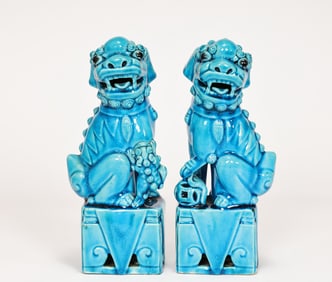 Pair Of Chinese Turquoise Blue Glazed Ceramic Foo Dogs