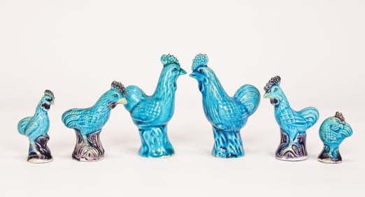 Group Of Chinese Blue And Purple Glazed Ceramic Roosters Figurines