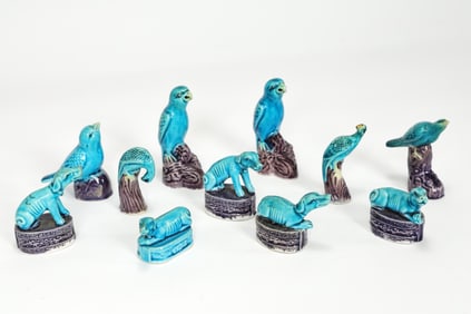 Collection Of Turquoise Glazed Ceramic Birds And Dogs Figurines