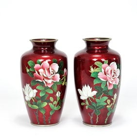 Pair Of Japanese Cloisonne Red Vase