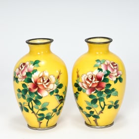 Pair Of Japanese Cloisonne Yellow Vase