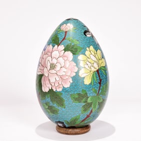 Chinese Large Floral Cloisonné Brass Egg Without Stand