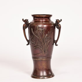 Japanese Meiji Period Bronze Vase With Flower Pattern
