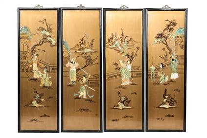 Chinese Four Screen Carved Inlaid Story Telling Character Wooden Panels