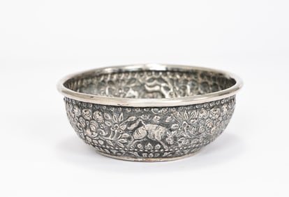 Asian Ornate Floral Round Bowl Chased Animal Sterling Silver