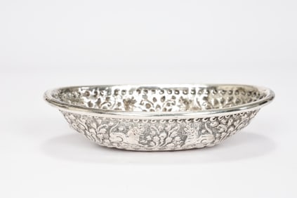 Asian Elongated Sterling Silver Bowl Embossed Flowers, Animals Pattern