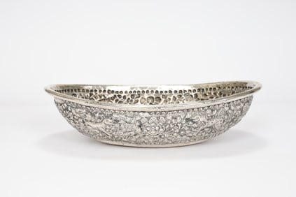 Large Elongated Sterling Silver Bowl Embossed Flowers, Animals Pattern