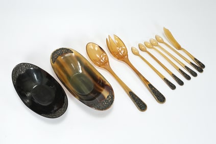 Group Of Carved Horn And Sterling Flatware, Plates