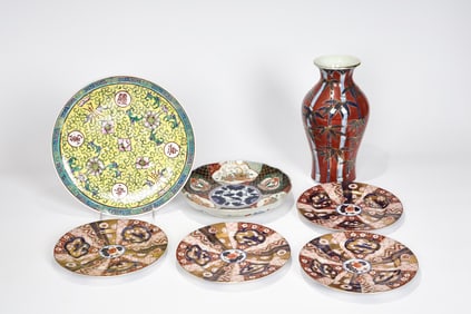 Japanese Porcelain Imari Plates And Vase