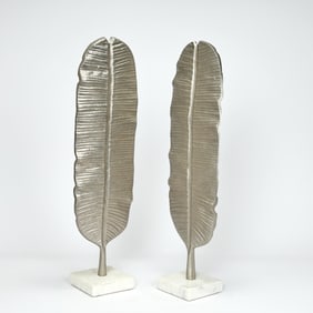 Pair Of Metal Banana Leaf Sculpture On Marble Stand
