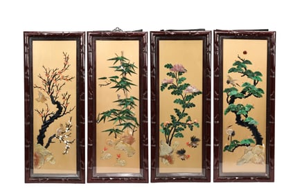 Chinese Four Wood Screen Carved Jade Decorative Accent