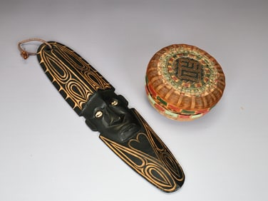 New Guinea Hand Crafted Wood Ancestral Mask With Woven Basket