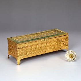 Gold Metal Filigree Rectangular Jewelry Casket Box With Ornate Glass Brass Knob