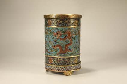 Bronze Cloisonne Carved Flower and Dragon Pattern Brush Pot