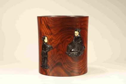 Huanghuali Wood Inlaid Red Sandalwood Carved Character Pattern Brush Pot